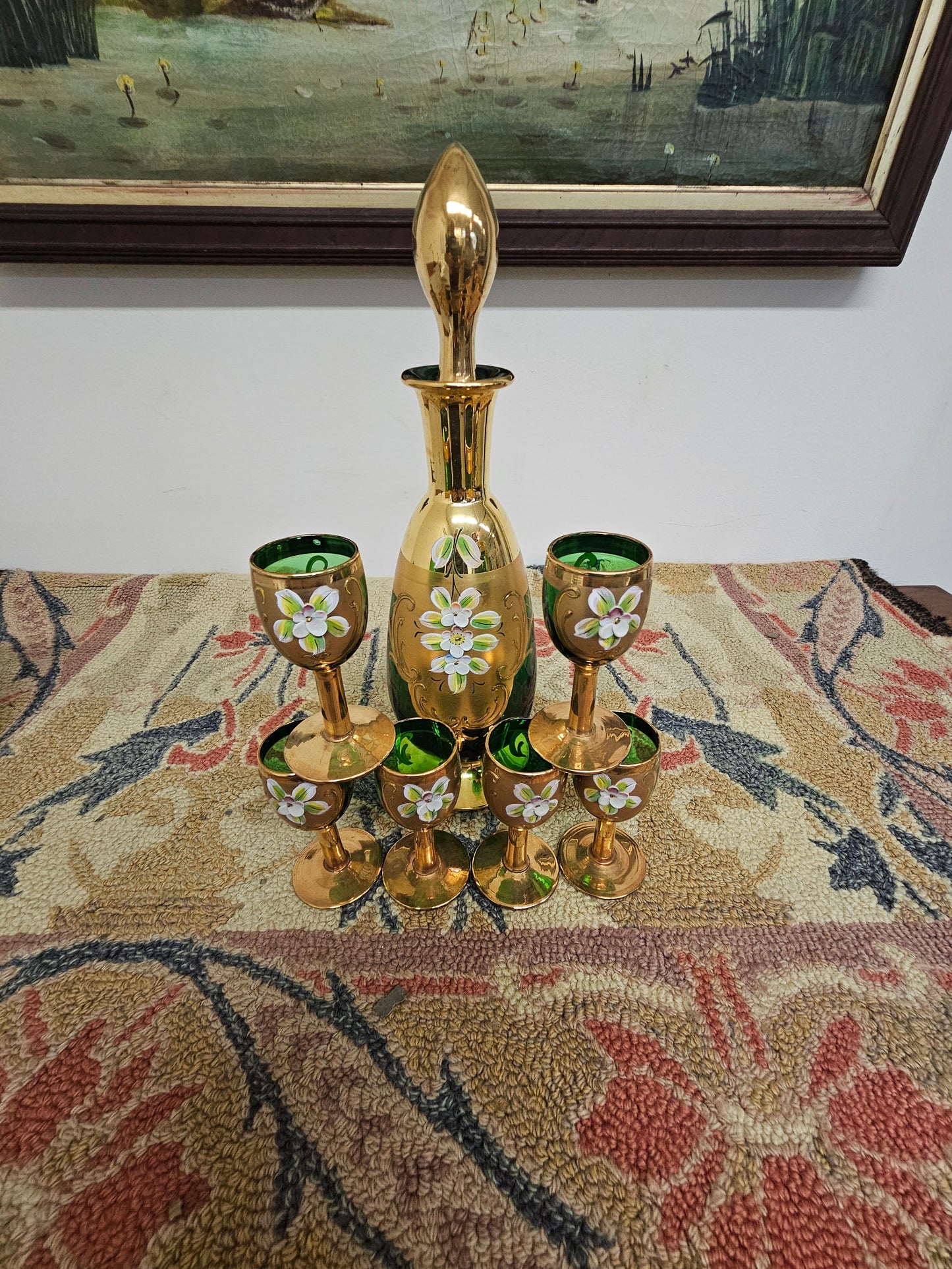 Gorgeous enameled painted Emerald Green Art Glass Decanter Cordial Set – Czech Bohemian with 6 cups.