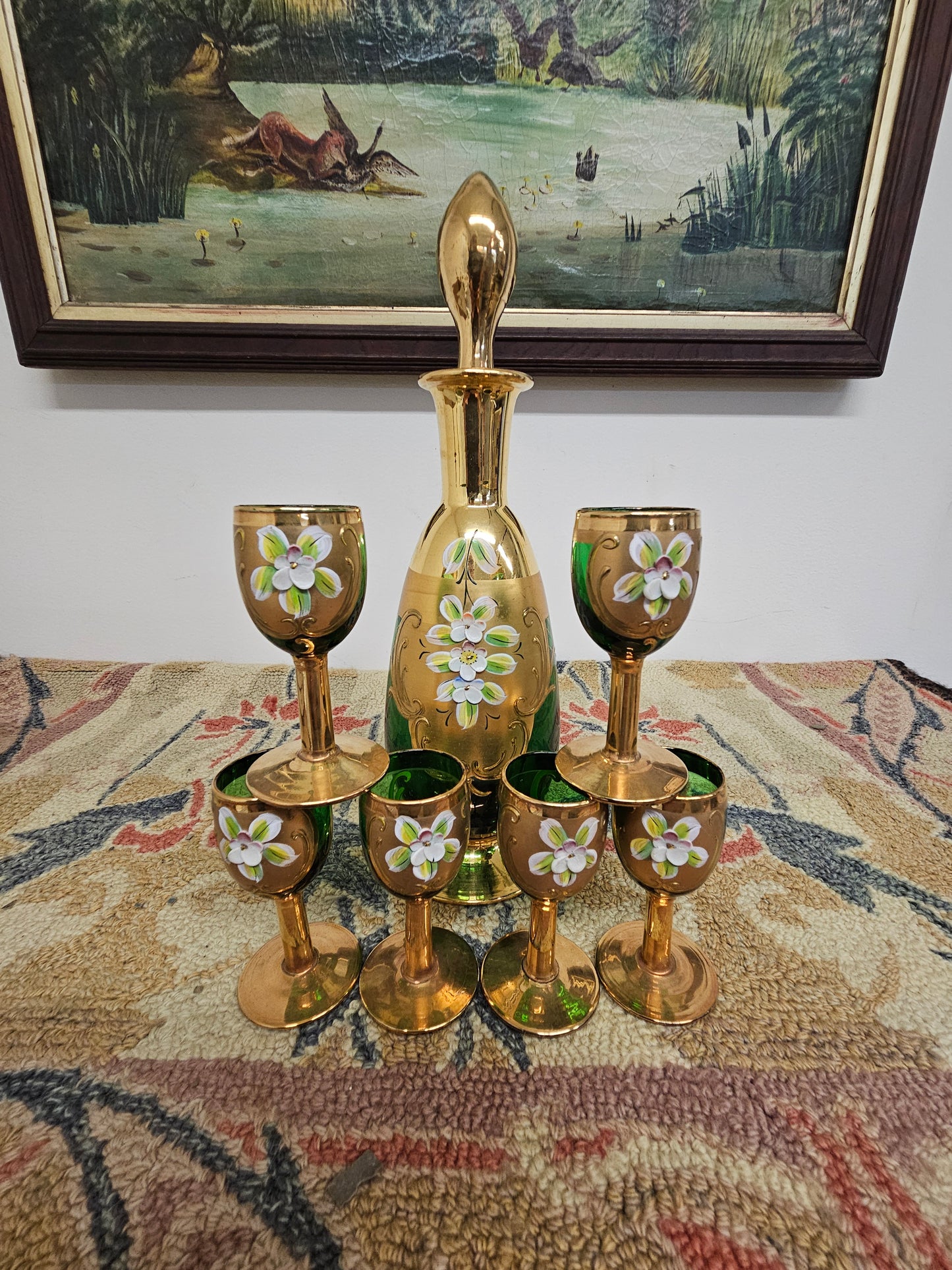 Gorgeous enameled painted Emerald Green Art Glass Decanter Cordial Set – Czech Bohemian with 6 cups.