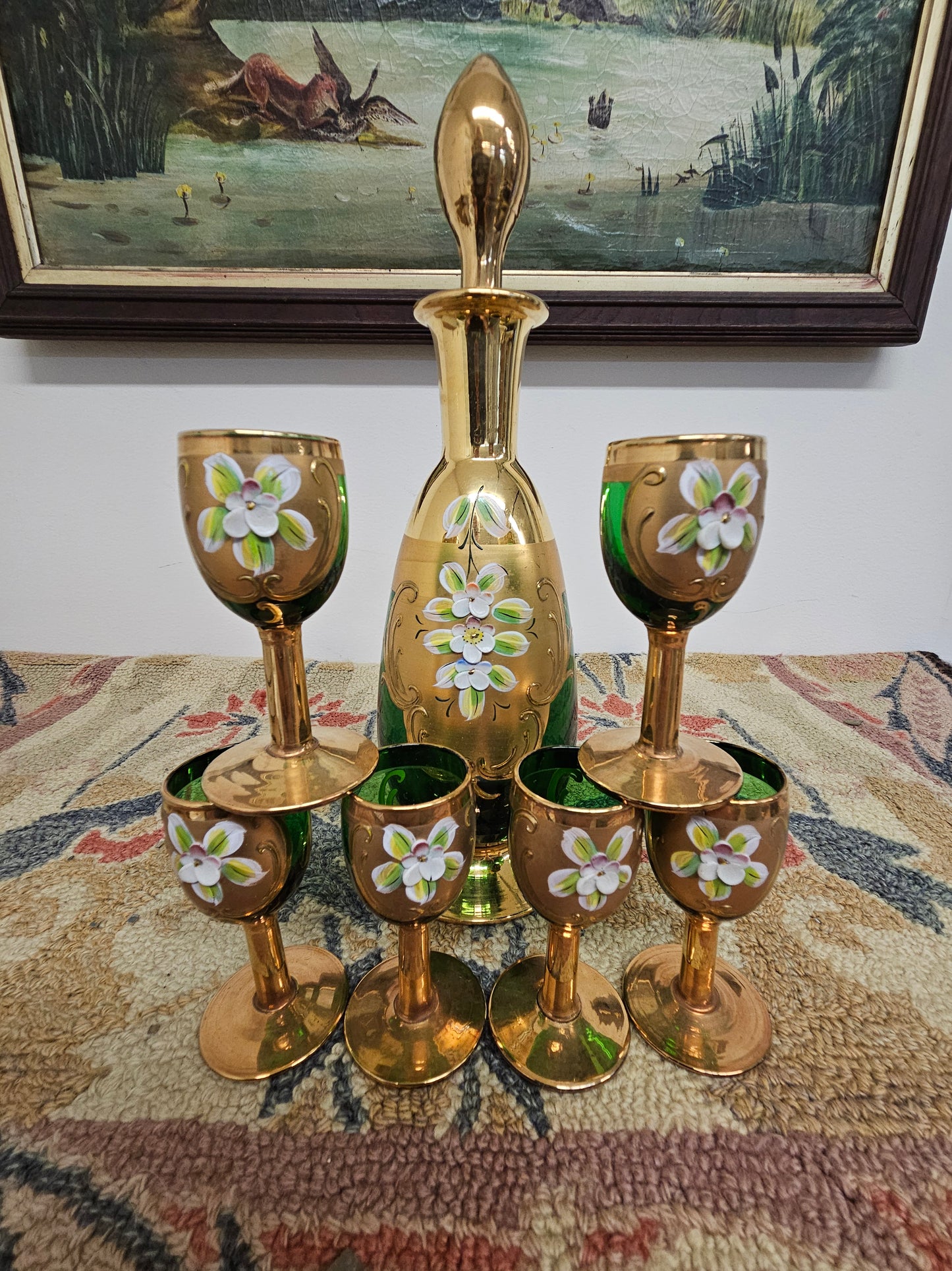 Gorgeous enameled painted Emerald Green Art Glass Decanter Cordial Set – Czech Bohemian with 6 cups.