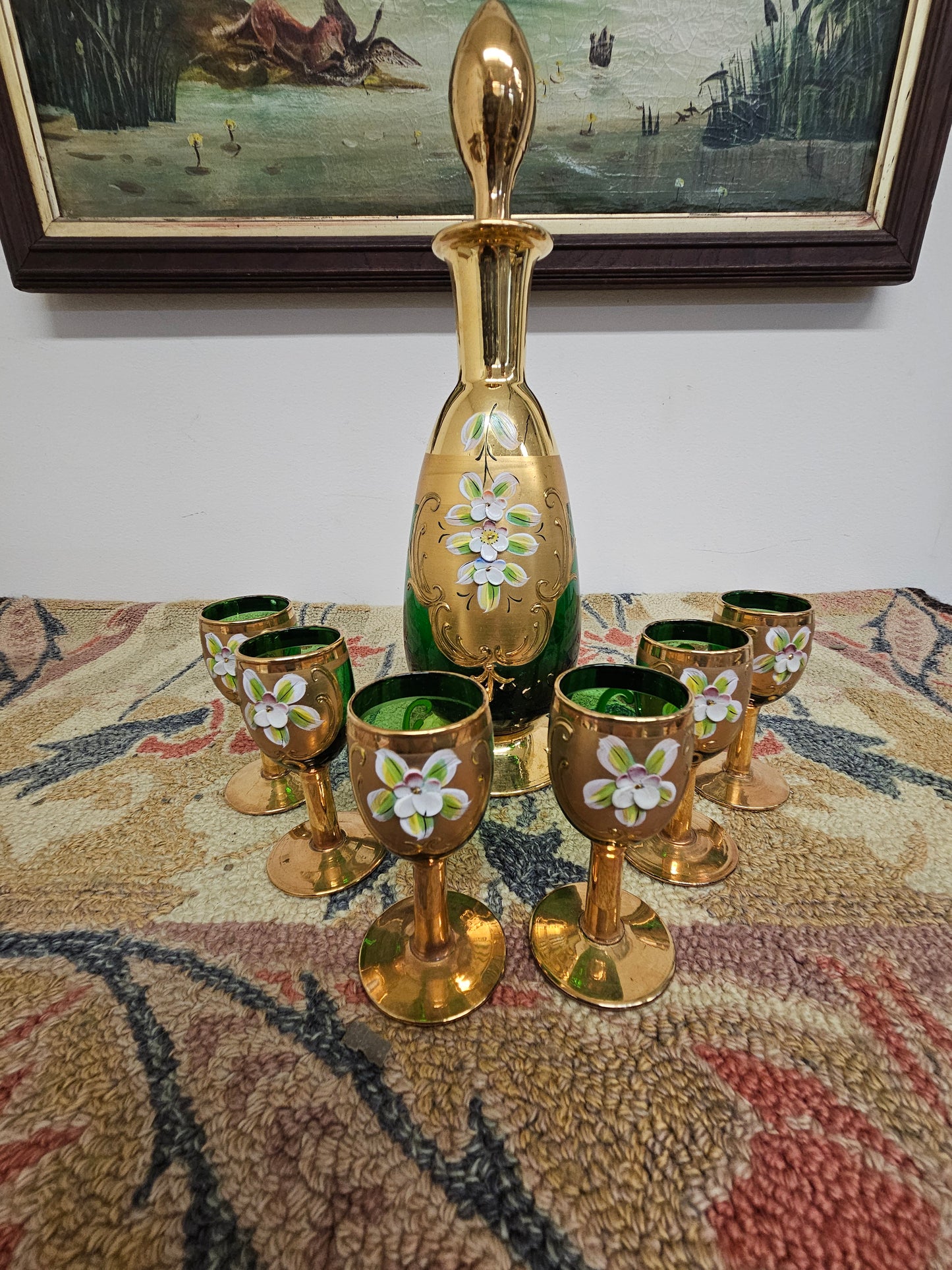 Gorgeous enameled painted Emerald Green Art Glass Decanter Cordial Set – Czech Bohemian with 6 cups.
