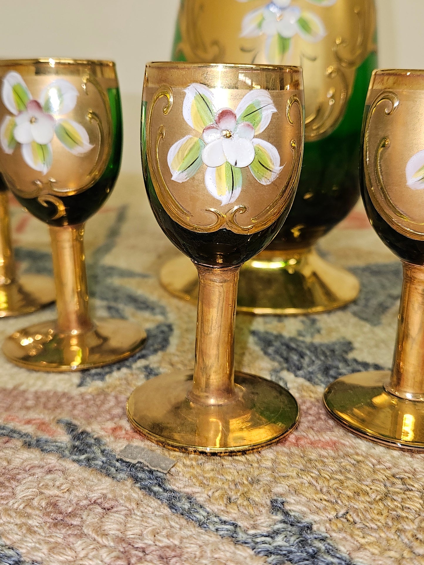Gorgeous enameled painted Emerald Green Art Glass Decanter Cordial Set – Czech Bohemian with 6 cups.