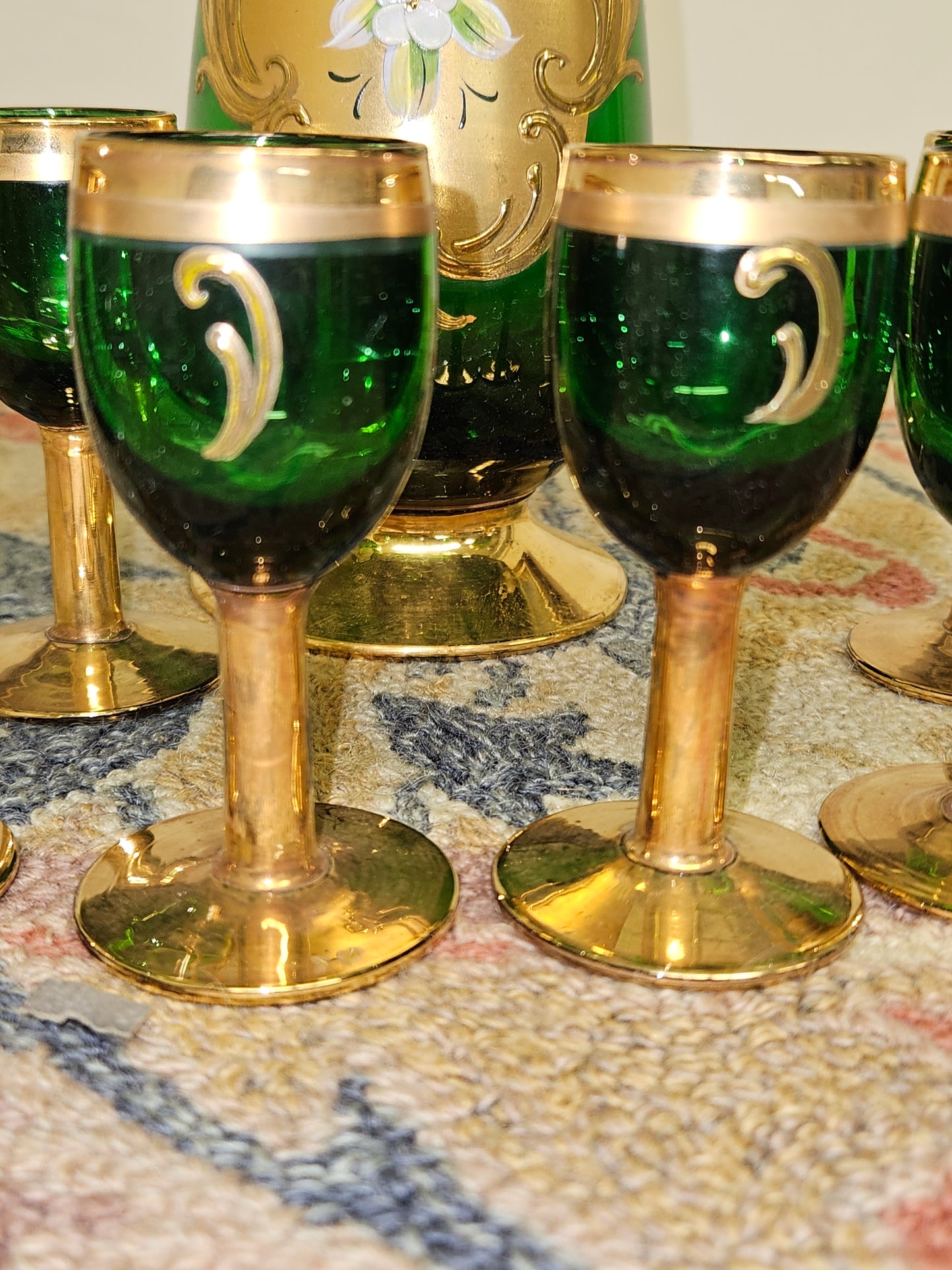 Gorgeous enameled painted Emerald Green Art Glass Decanter Cordial Set – Czech Bohemian with 6 cups.