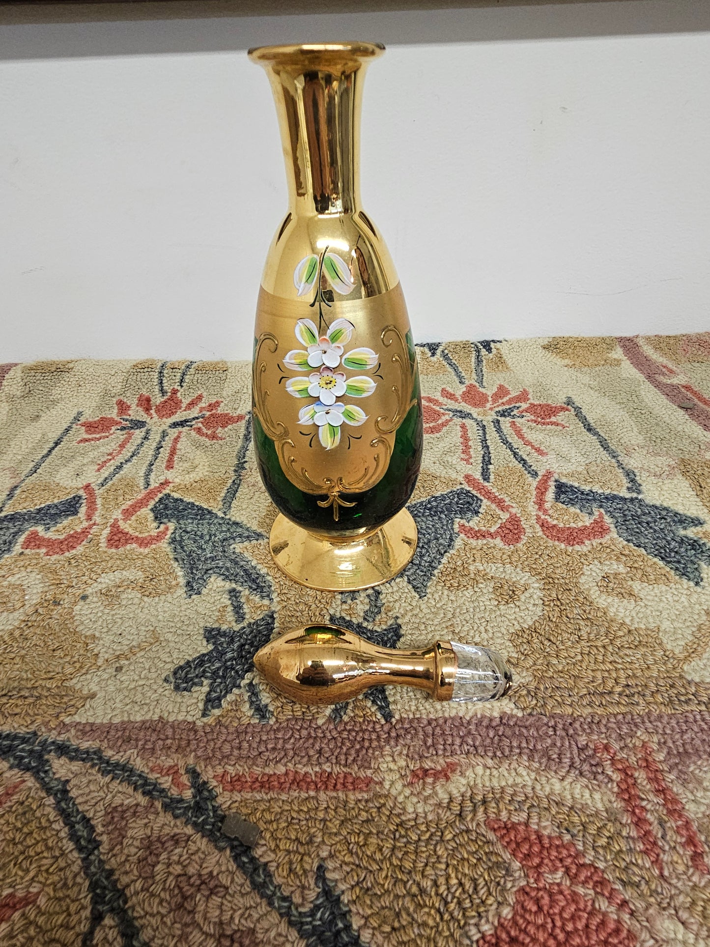 Gorgeous enameled painted Emerald Green Art Glass Decanter Cordial Set – Czech Bohemian with 6 cups.
