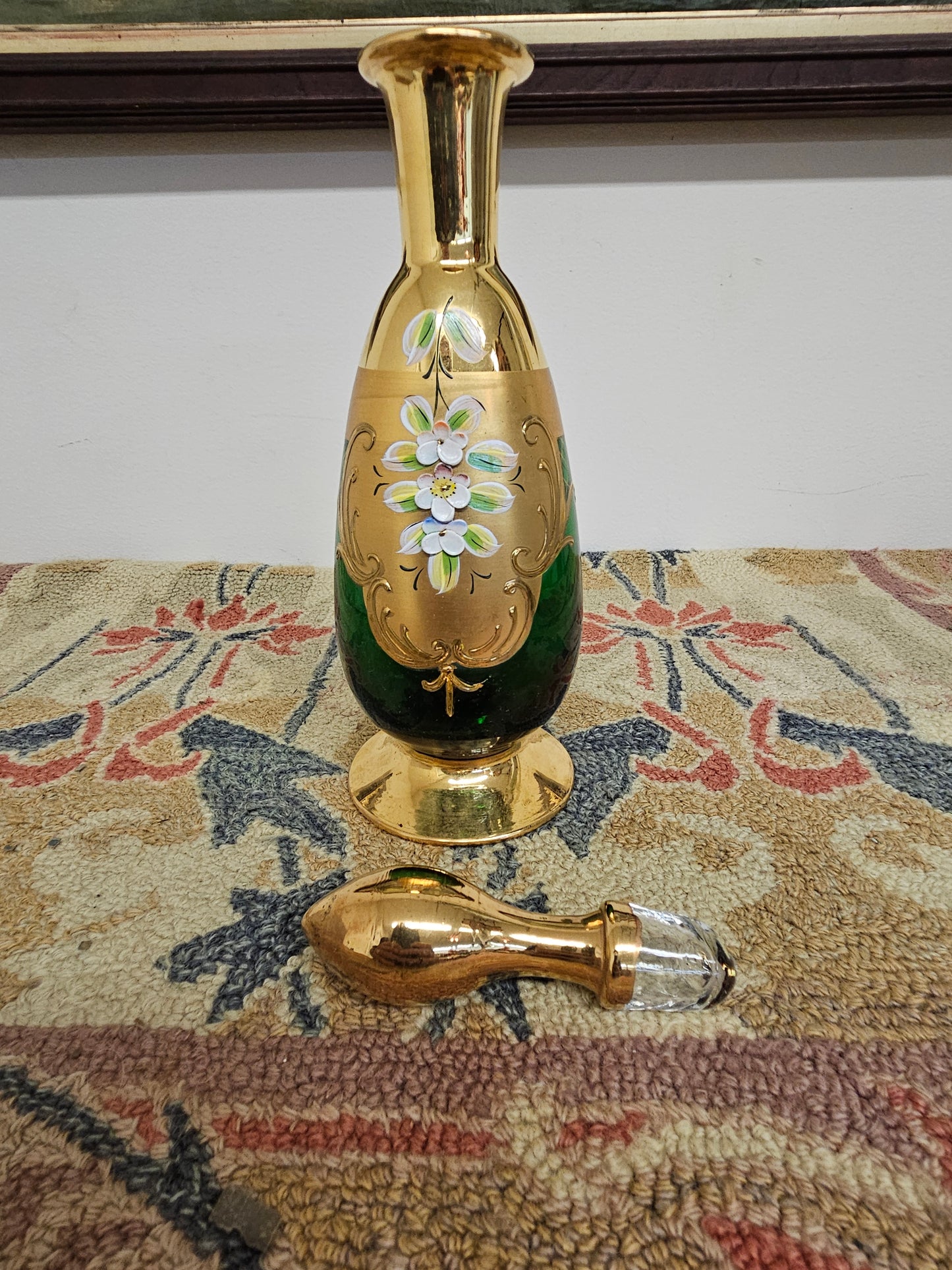 Gorgeous enameled painted Emerald Green Art Glass Decanter Cordial Set – Czech Bohemian with 6 cups.