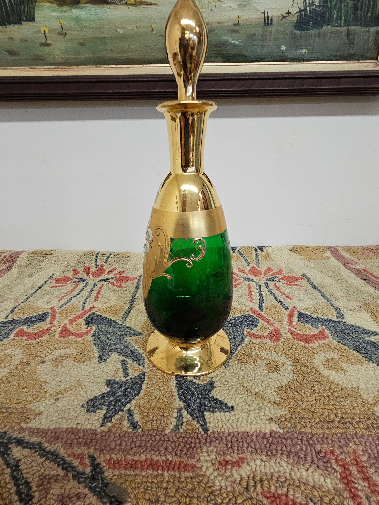 Gorgeous enameled painted Emerald Green Art Glass Decanter Cordial Set – Czech Bohemian with 6 cups.