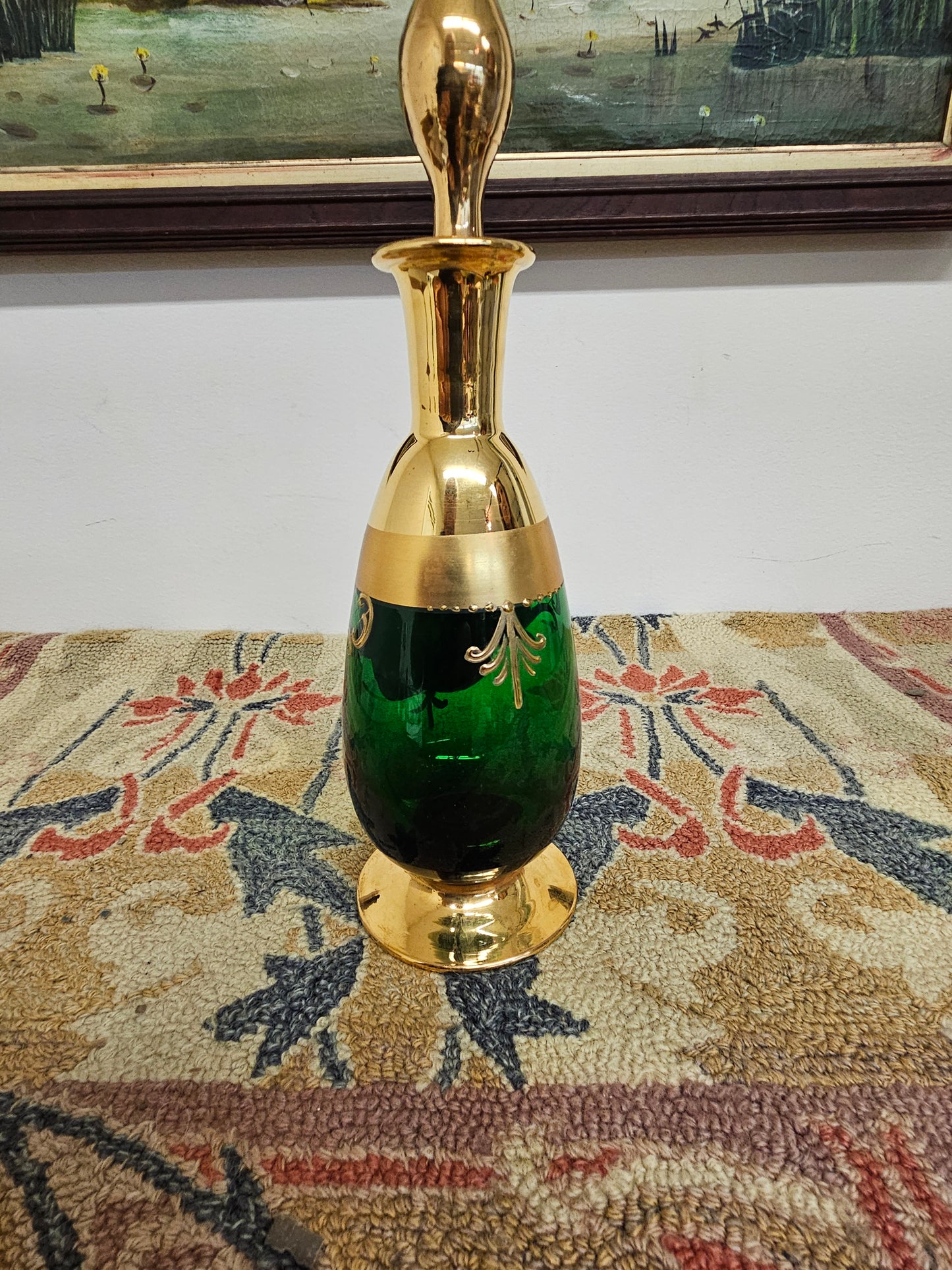 Gorgeous enameled painted Emerald Green Art Glass Decanter Cordial Set – Czech Bohemian with 6 cups.