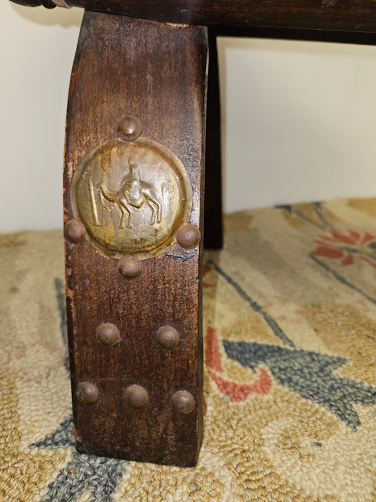 Antique Egyptian Camel Saddle / Stool With Red Leather Seat.