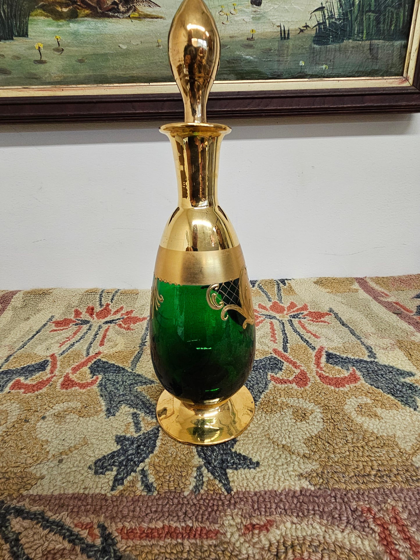Gorgeous enameled painted Emerald Green Art Glass Decanter Cordial Set – Czech Bohemian with 6 cups.