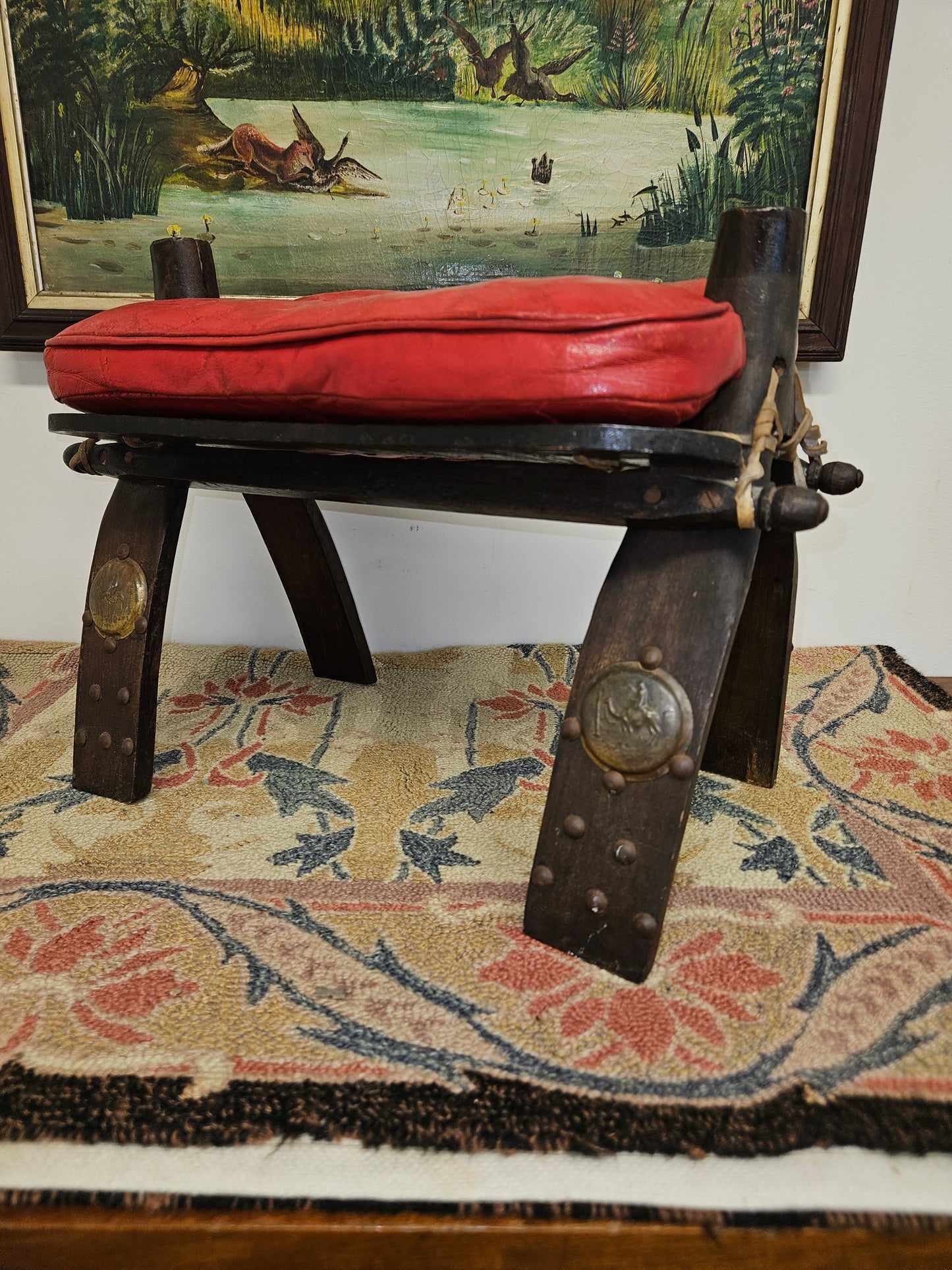 Antique Egyptian Camel Saddle / Stool With Red Leather Seat.