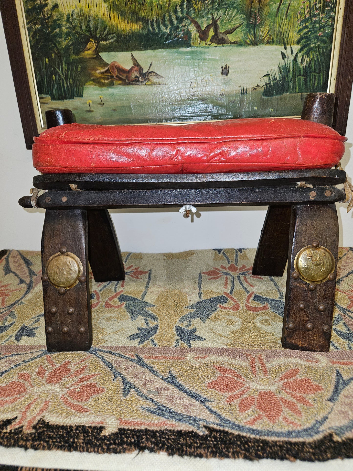 Antique Egyptian Camel Saddle / Stool With Red Leather Seat.