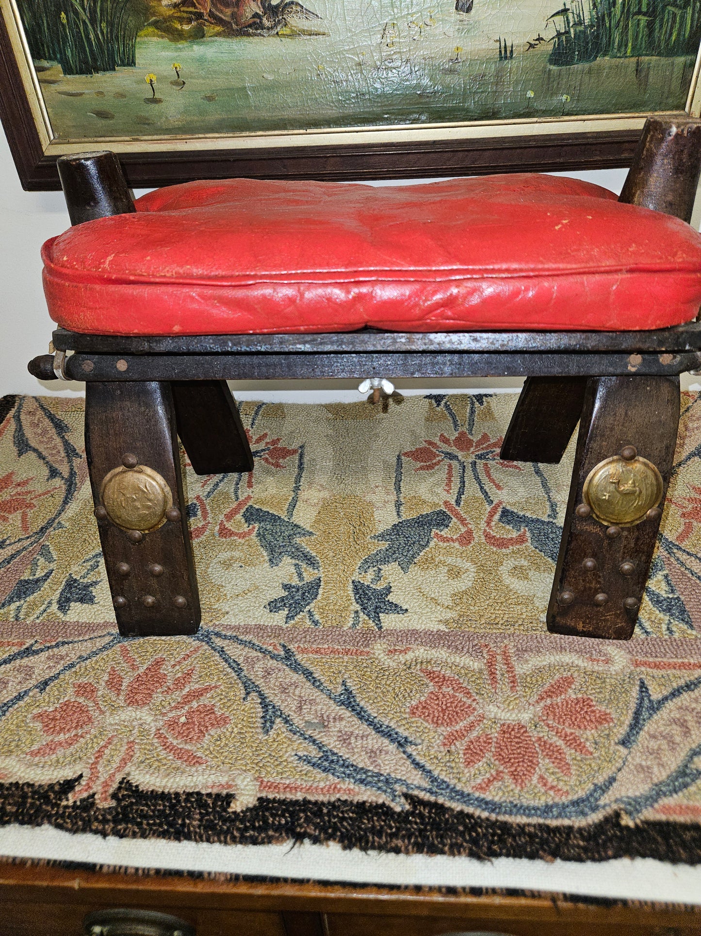 Antique Egyptian Camel Saddle / Stool With Red Leather Seat.