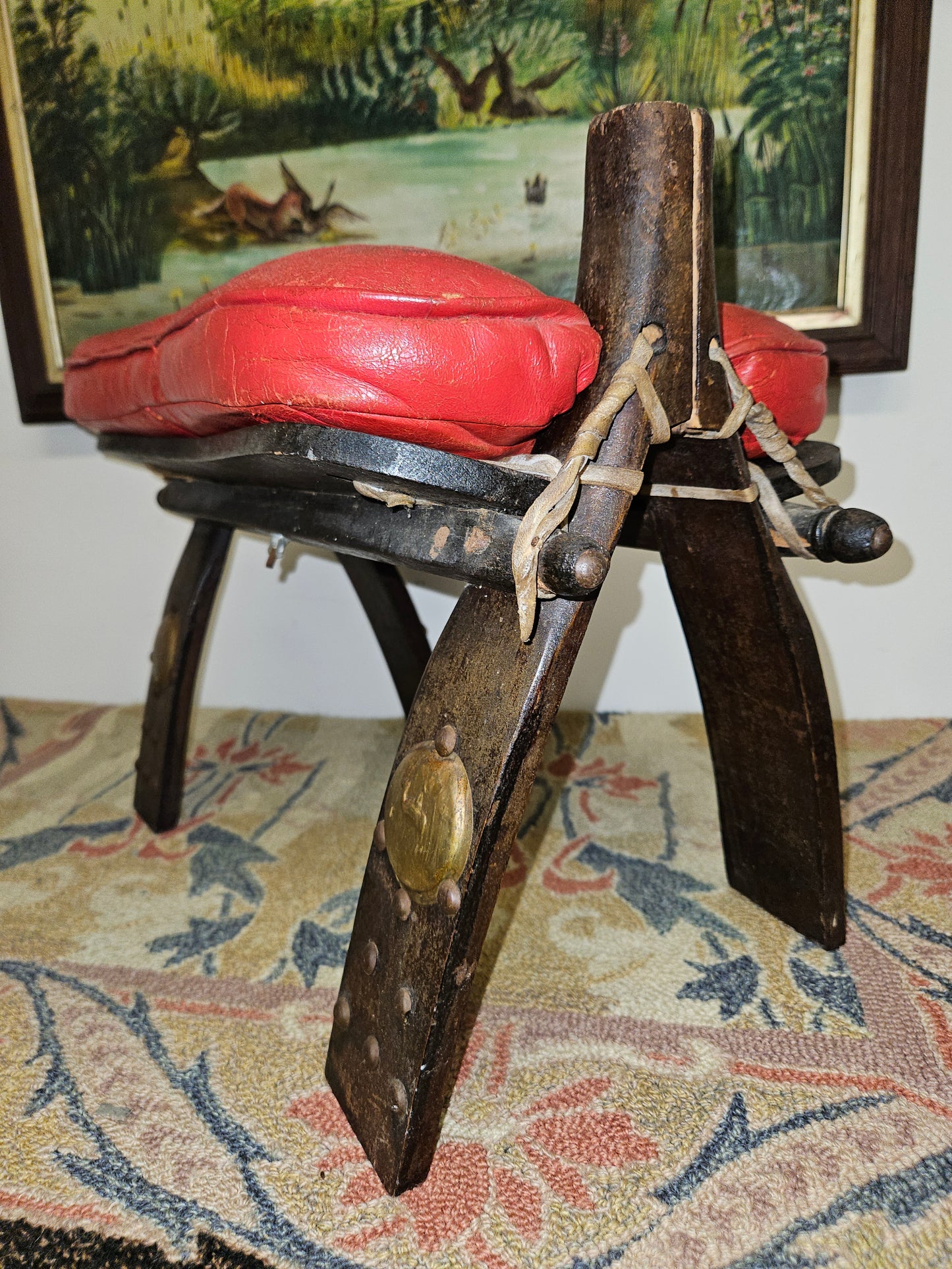 Antique Egyptian Camel Saddle / Stool With Red Leather Seat.