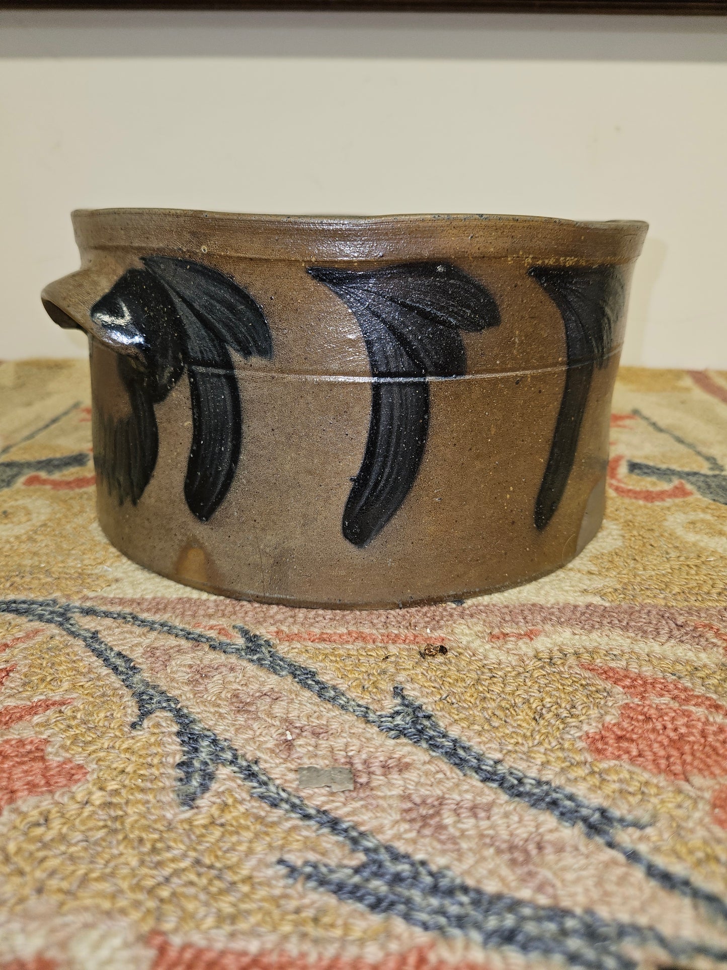 Antique Cake Crock W/ Blue Cobalt Decoration On All Sides.
