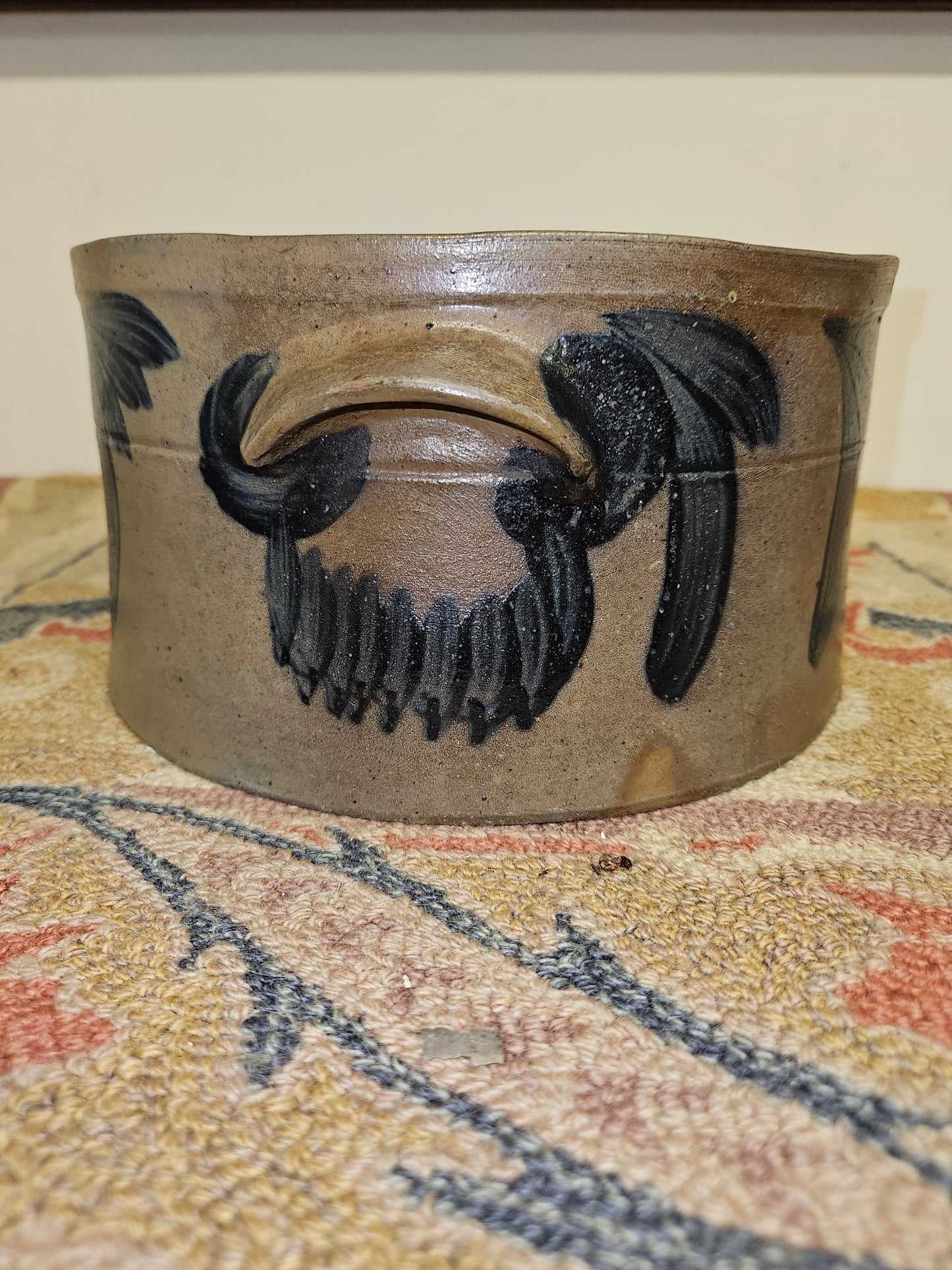 Antique Cake Crock W/ Blue Cobalt Decoration On All Sides.