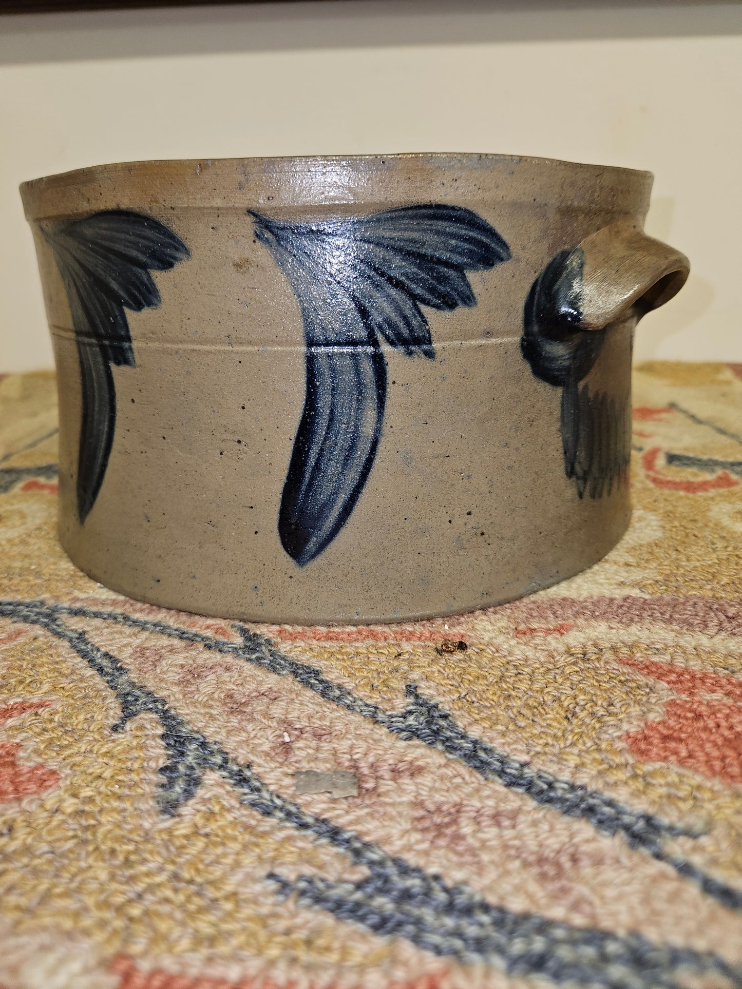 Antique Cake Crock W/ Blue Cobalt Decoration On All Sides.