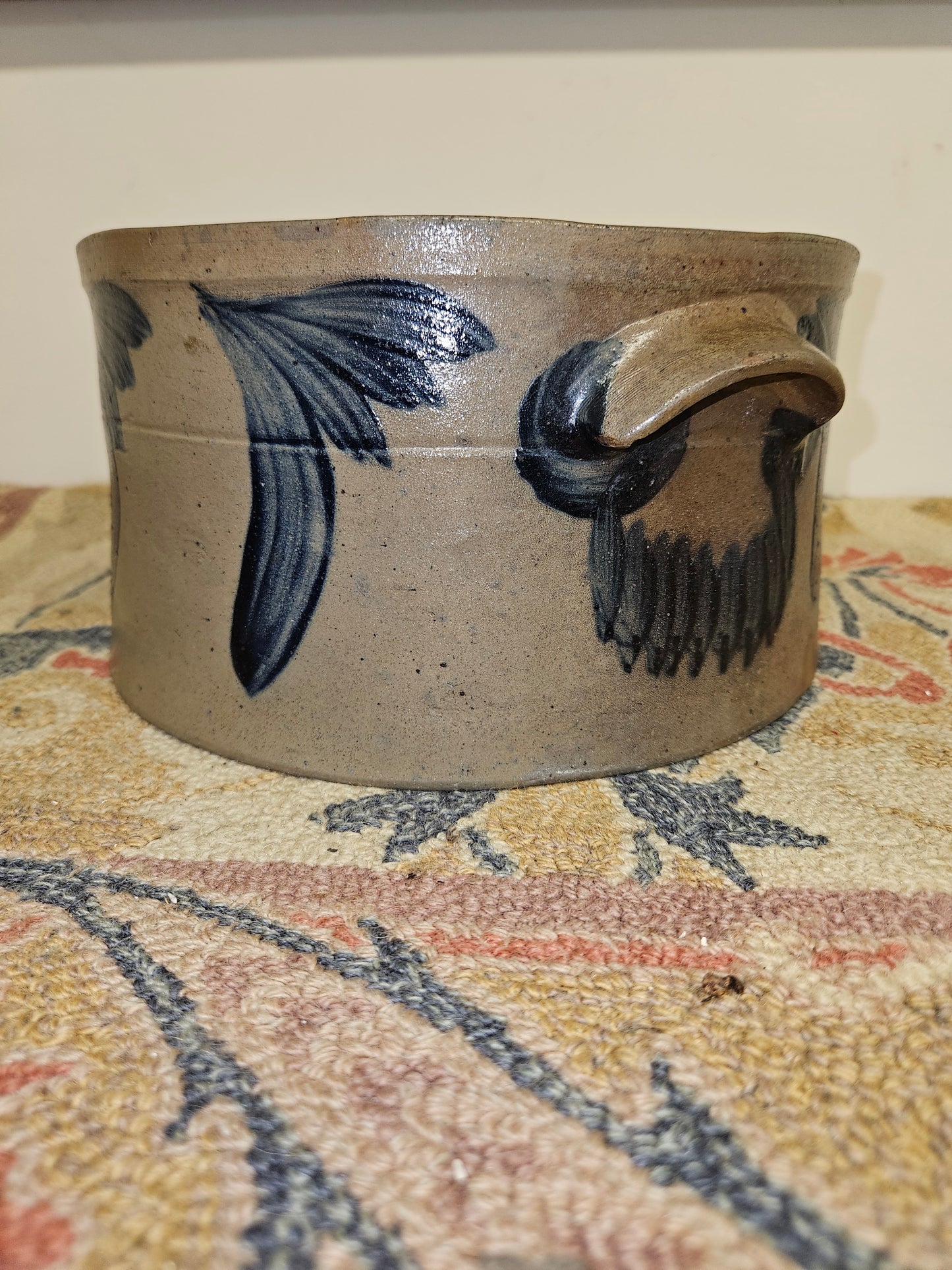 Antique Cake Crock W/ Blue Cobalt Decoration On All Sides.
