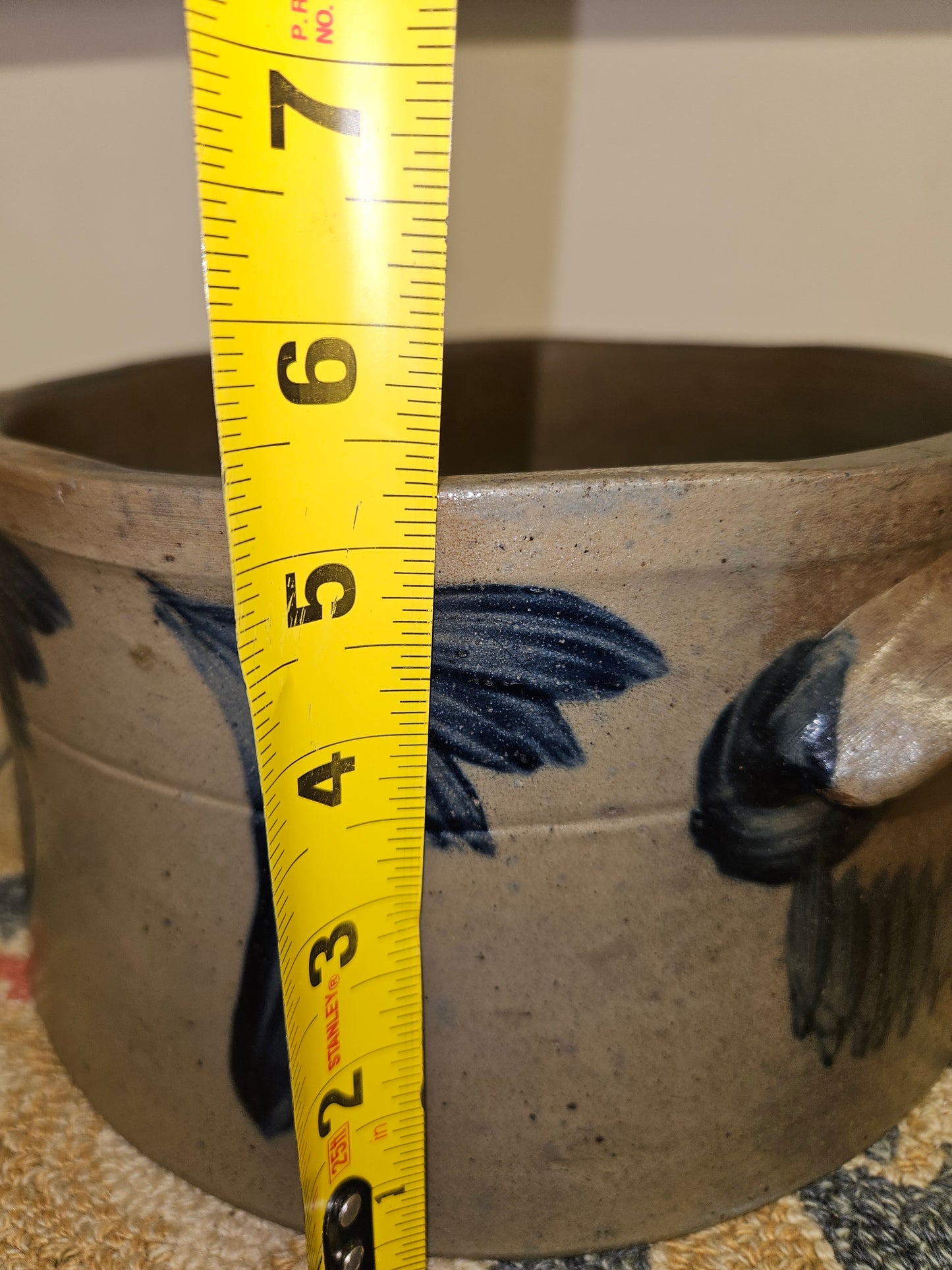 Antique Cake Crock W/ Blue Cobalt Decoration On All Sides.