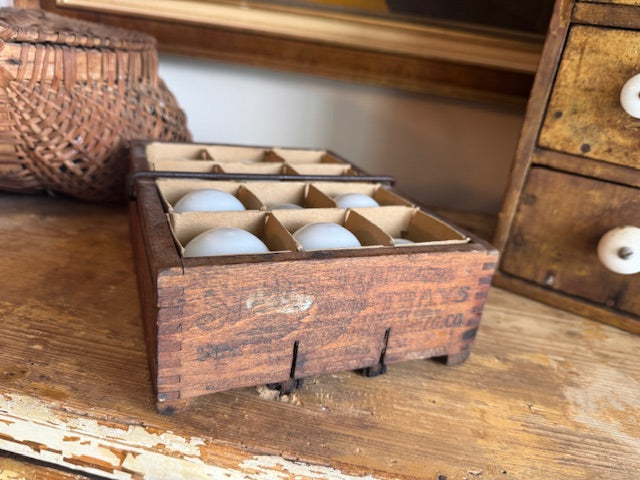 Antique 1906 Star Egg Carrier Wood Dozen Hollow Glass Eggs